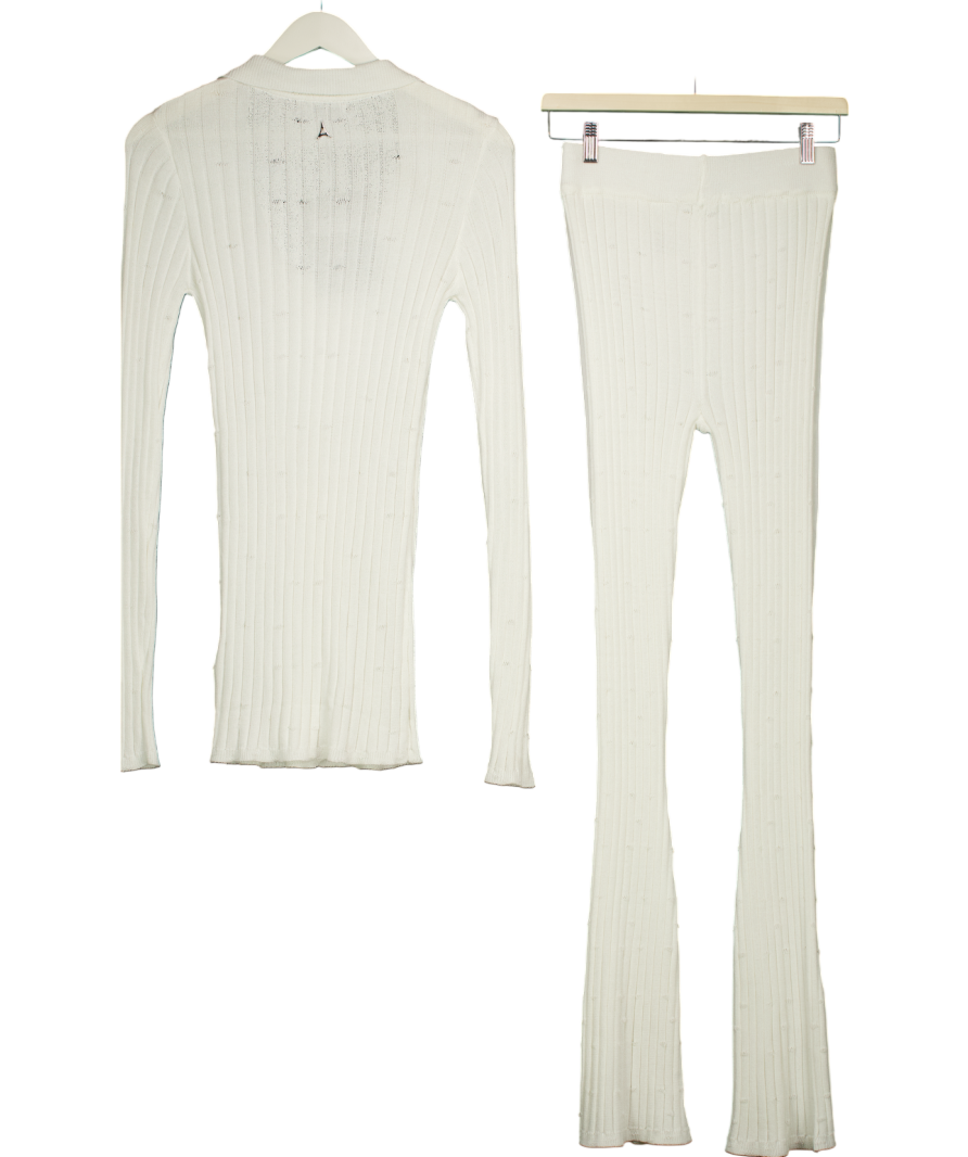 maniere de voir White Ribbed Knit Set With Button Through Cardigan And Button Detail Trousers UK S