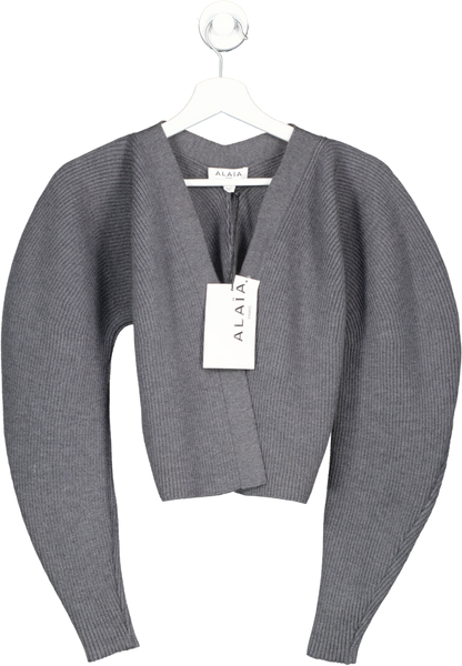 ALAIA Grey Wool Blend Rib Cardigan UK 10