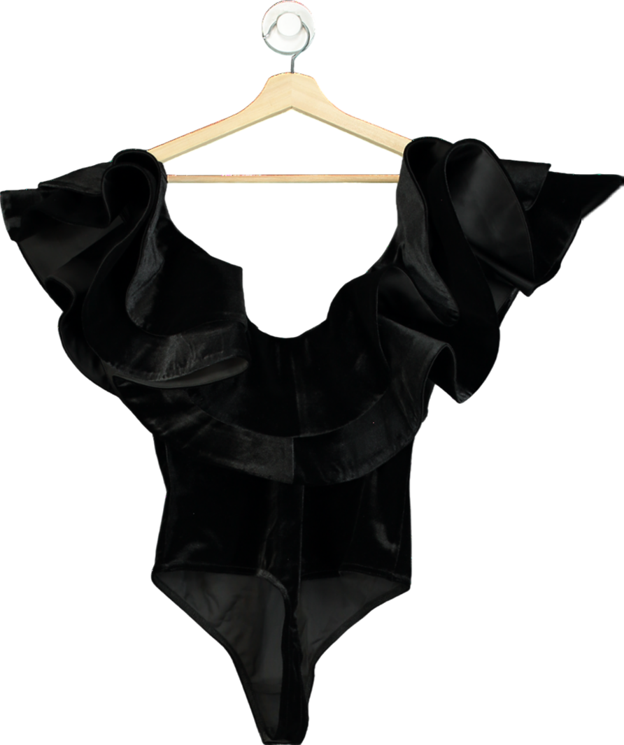 Karen Millen Black Ruffle Velvet V Neck Sleeveless Bodysuit UK S