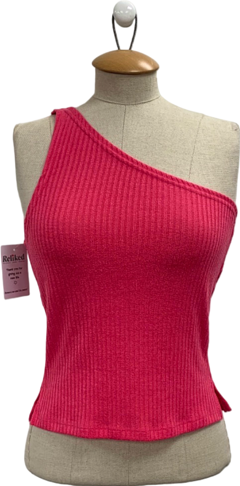 White Fox Pink One Shoulder Ribbed Top UK S