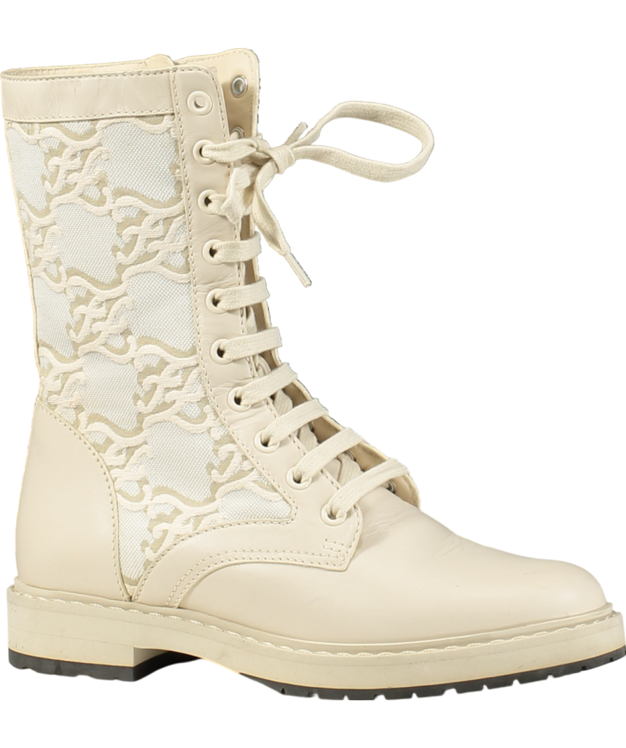 Fendi Cream Vitello Fabric Jacquard Karligraphy Embroidered Calf Length Boots UK 4 EU 37 👠