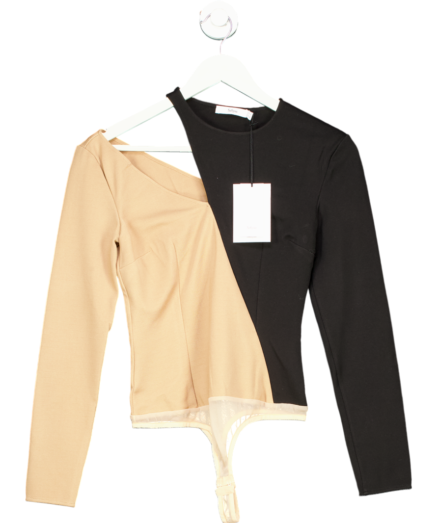 Safiyaa Beige Two Tone Asymmetric Cut Out Bodysuit UK 8