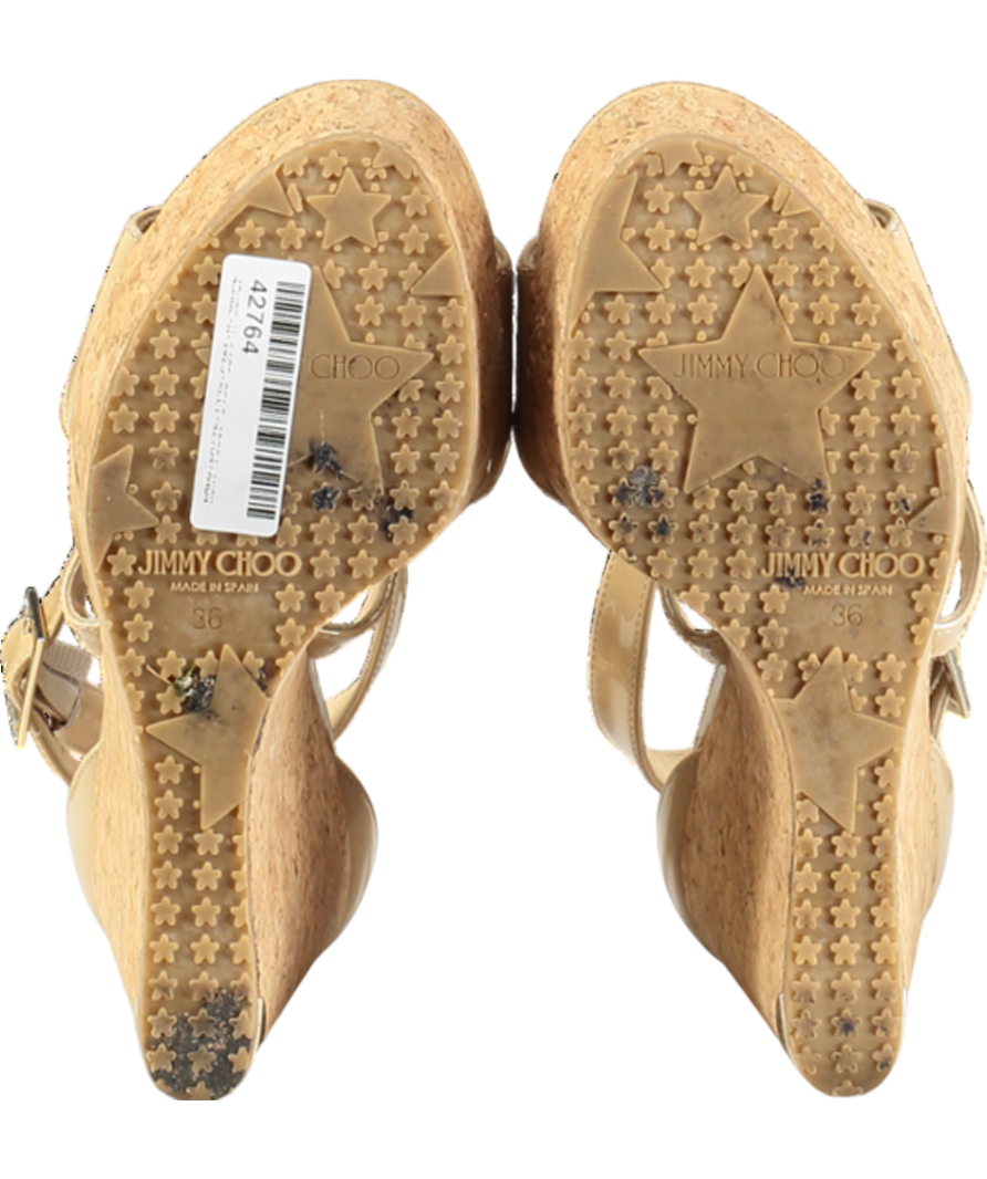 Jimmy Choo Beige Patent Portia Cork Heel Wedges UK 3 EU 36 👠