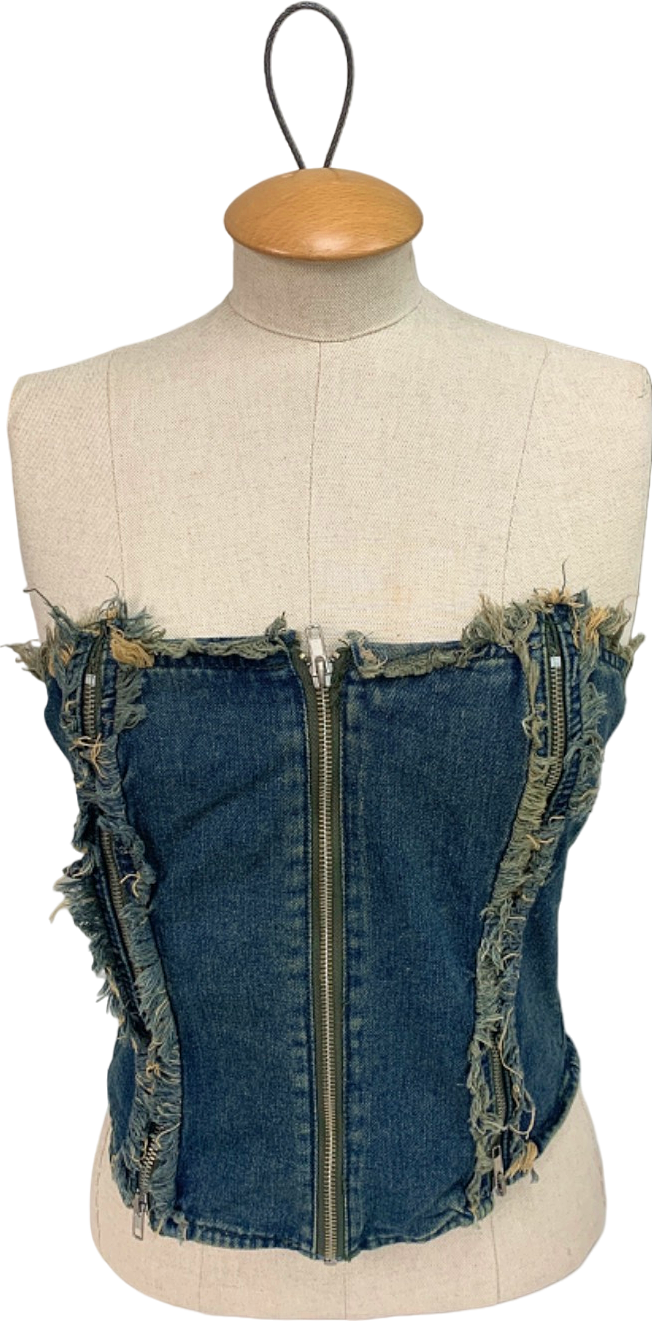 Mars The Label Blue Frayed Denim Bustier Top UK XS