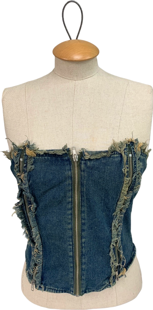 Mars The Label Blue Frayed Denim Bustier Top UK XS