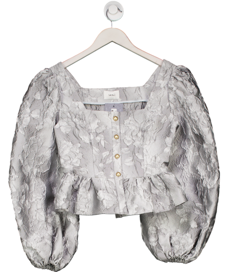 Abitu World Grey Silk Blend Jacquard Ballon Sleeve Blouse UK S