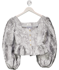 Abitu World Grey Silk Blend Jacquard Ballon Sleeve Blouse UK S