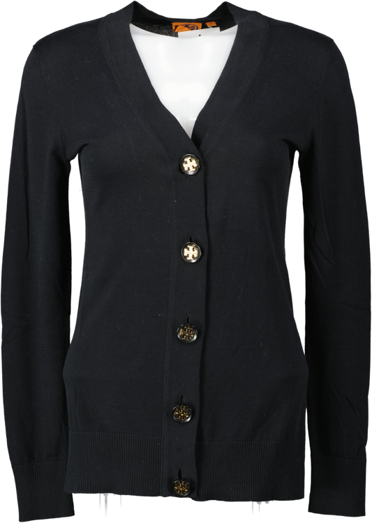 Tory Burch Black Cotton V-neck Cardigan With Logo Buttons UK S