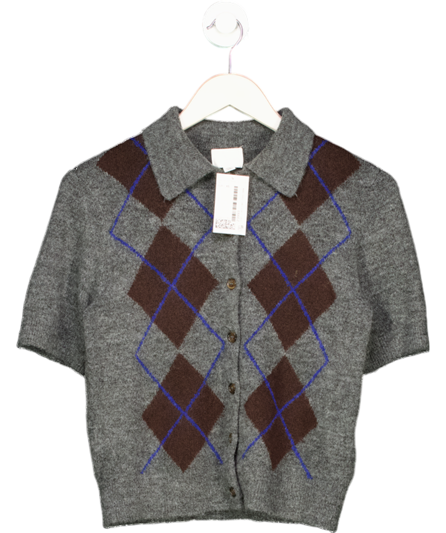H&M Grey Dark Grey/ Chocolate Argyle Short Sleeve Knit UK XS