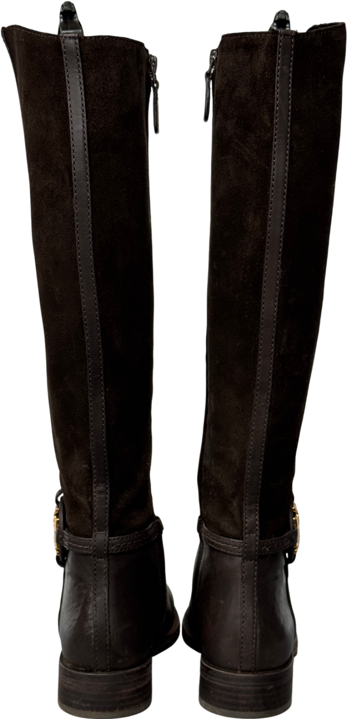 Tory Burch Chocolate Brown Leather And Suede Riding Boots With Gold Logo Hardware Us6 UK 4 EU 37 👠