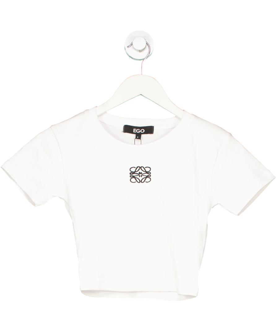 Ego White Short Sleeve Swirl Graphic Detail Ribbed Crop T-shirt UK S