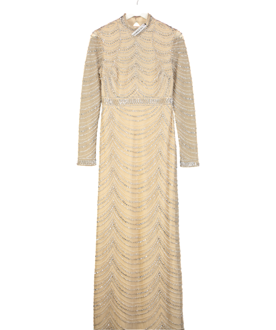 Karen Millen Nude Embellished Woven Long Sleeved Maxi Dress UK 10