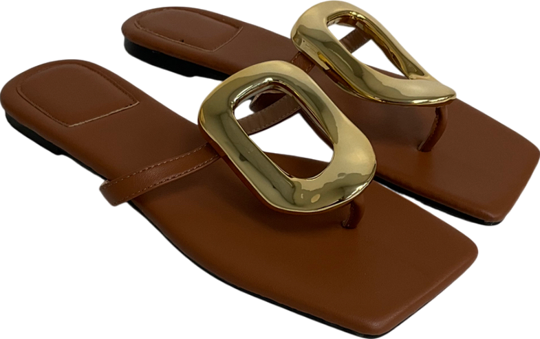 Brown Square Toe Flip Flops, Summer Outdoor Fashion Casual Flat Thong Sandals With Golden Plastic Buckle UK 6 EU 39 👠