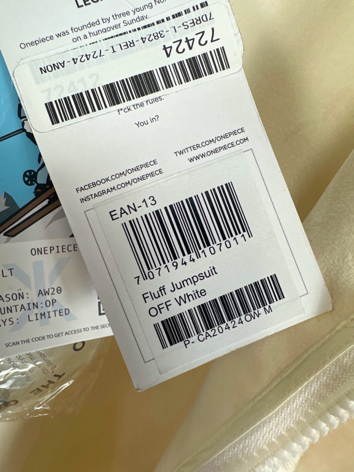 OnePiece Off White The Fluff Supersoft Jumpsuit Onesie UK M