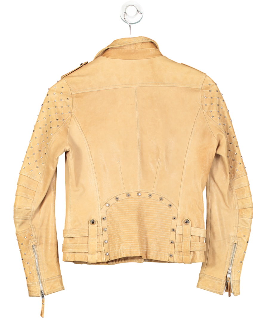 Royal Sunday Beige Camel Leather Jacket Silver Studded Arms UK 8