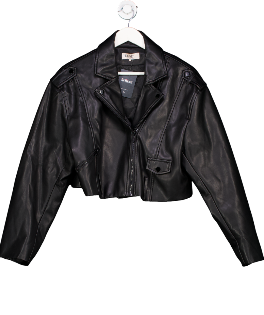 House of CB Black Cropped Vegan Leather Biker Jacket UK L