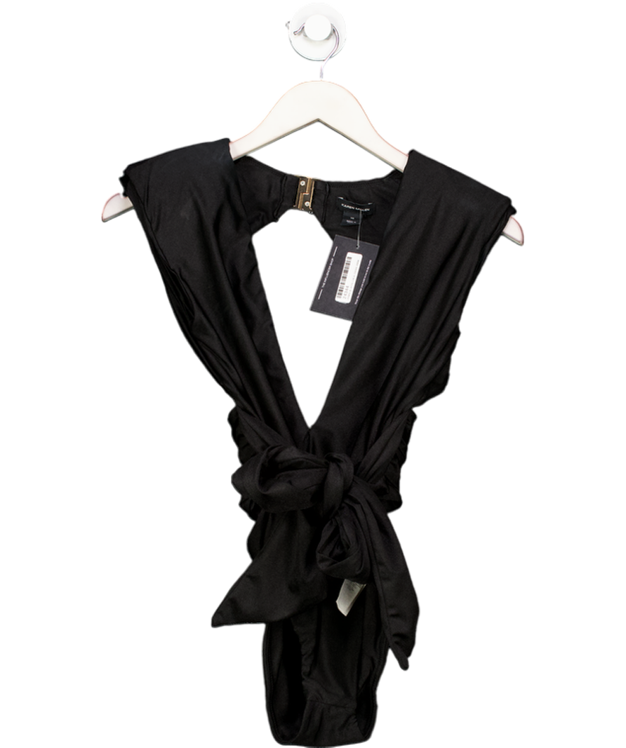 Karen Millen Black Wet Look Power Shoulder Plunge Detail Swimsuit UK XS