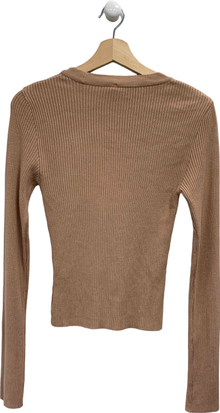 Na-kd Beige Ribbed Long Sleeve Top UK XS