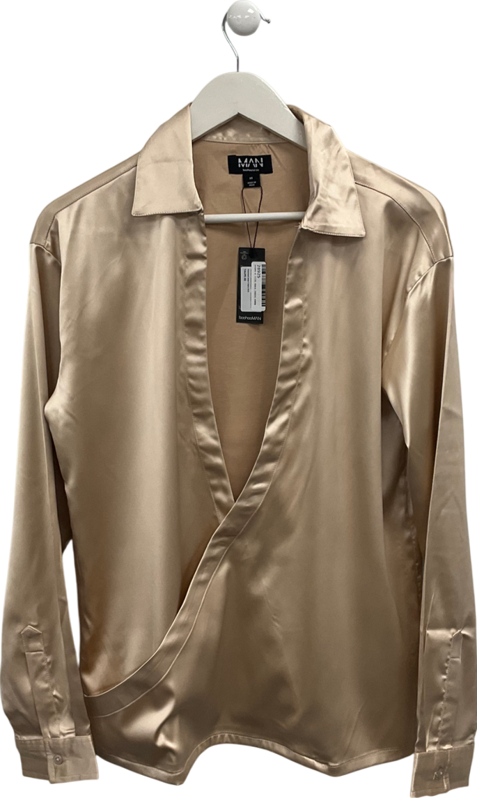 boohooMan Metallic Oversized Deep V Satin Shirt UK XS