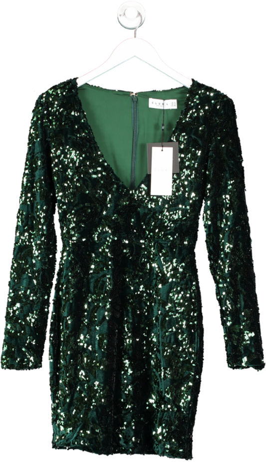 Club L Tantalise Bottle Green Sequin Plunge-neck Long-sleeve Mini Dress UK 6