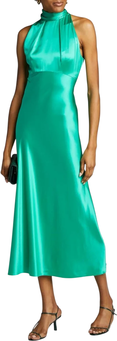 SALONI Green Michelle High-neck 100% Silk-satin Midi Dress UK 6