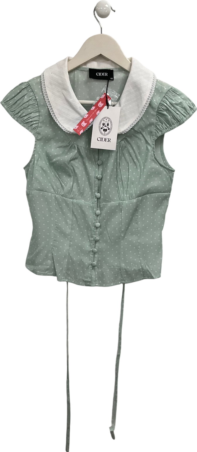 Cider Green Polka Dot Short Sleeve Button Through Top UK XS