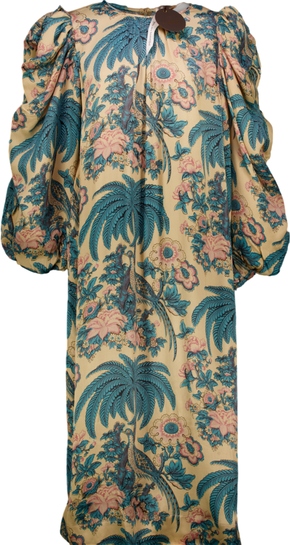 ByTIMO Nude / Pink / Blue Birds Printed Crépe Satin Relaxed Puff Sleeve Midi Dress UK S