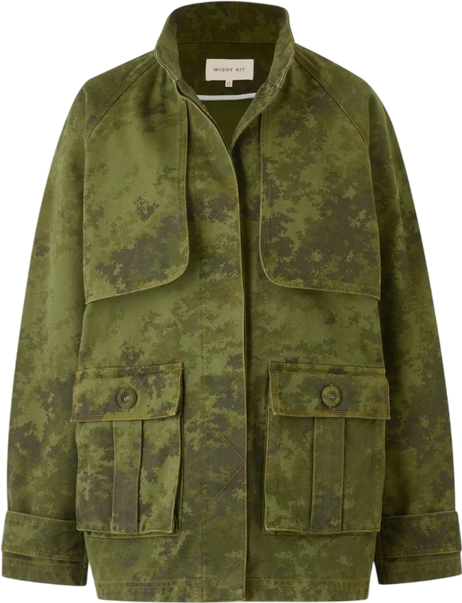 WIGGY KIT Green Camo Print Cotton Canvas 'the Lodge Jacket" With Leather Belt UK 12