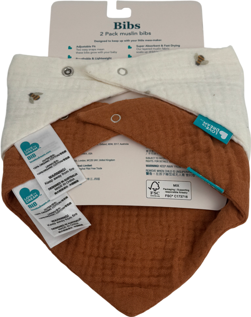 LOVE TO DREAM Bib 2 Pack Cream Bees•muslin One Size