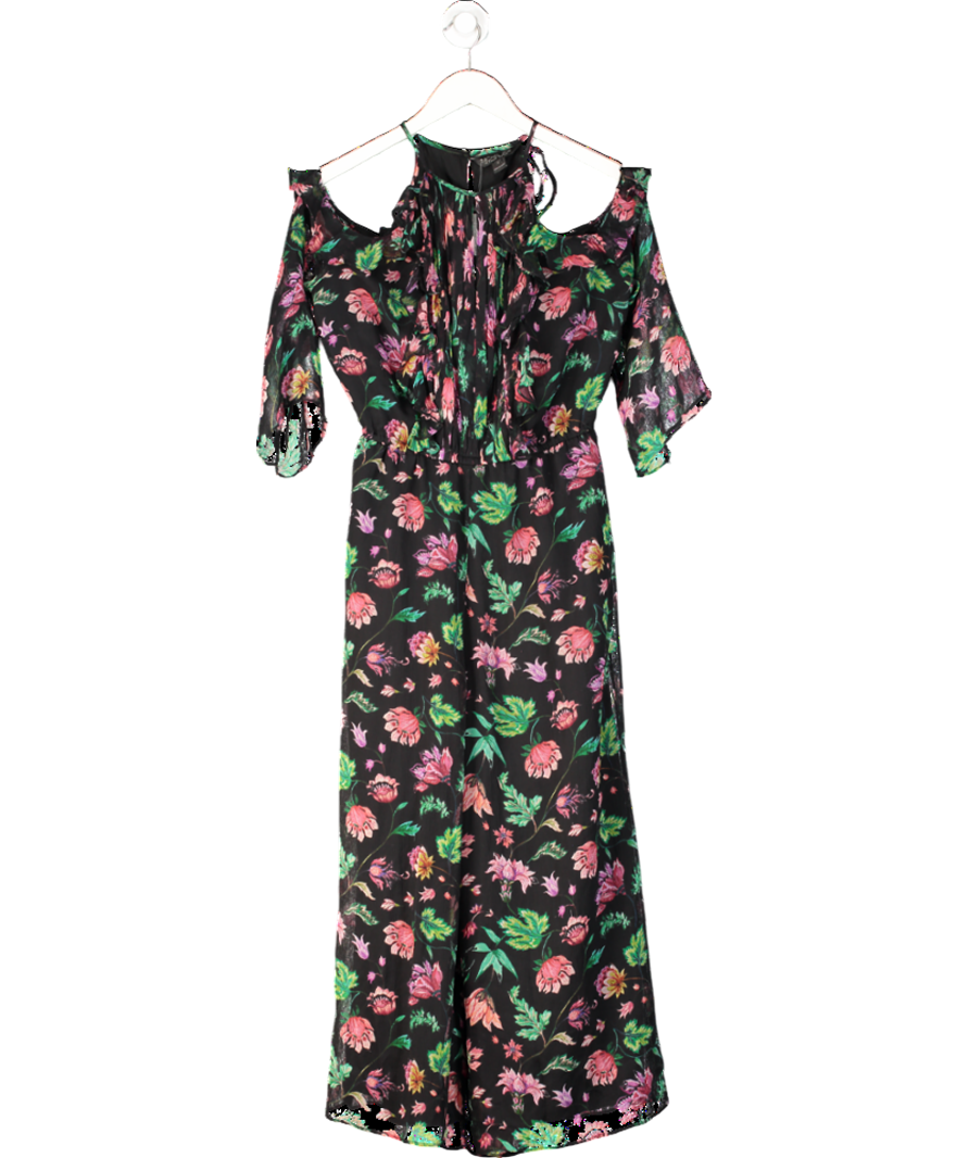 Rachel Zoe Black Floral Print Cold-shoulder Silk Jumpsuit UK 8