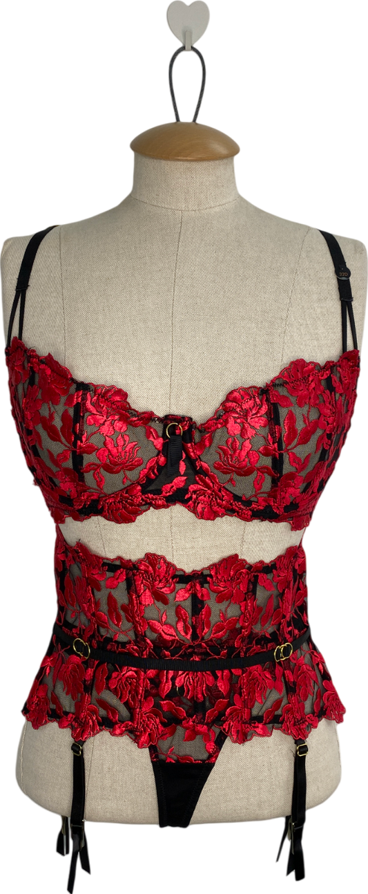 Ann Summers Red Embroidered Longline Bra, Thong And Waspie UK 32D