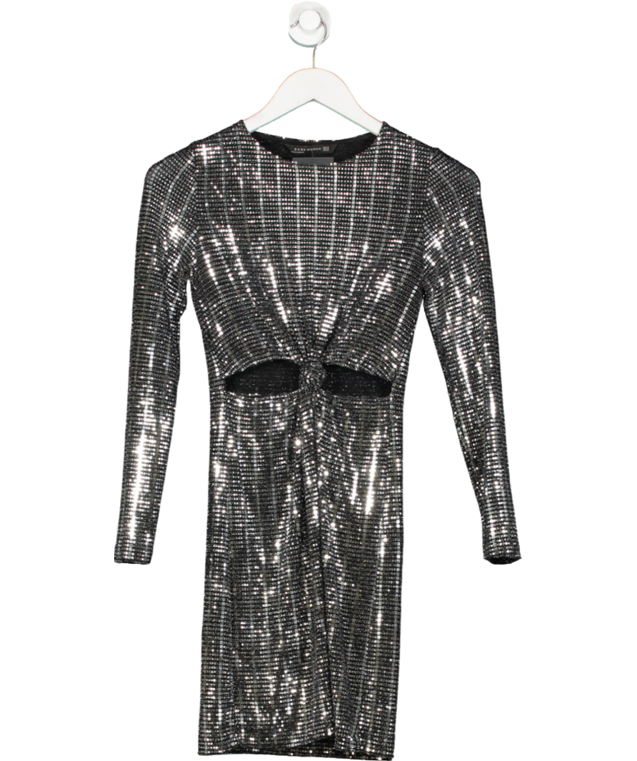 ZARA Metallic Sequin Sparkly Long Sleeved Cut Out Mini Dress UK XS