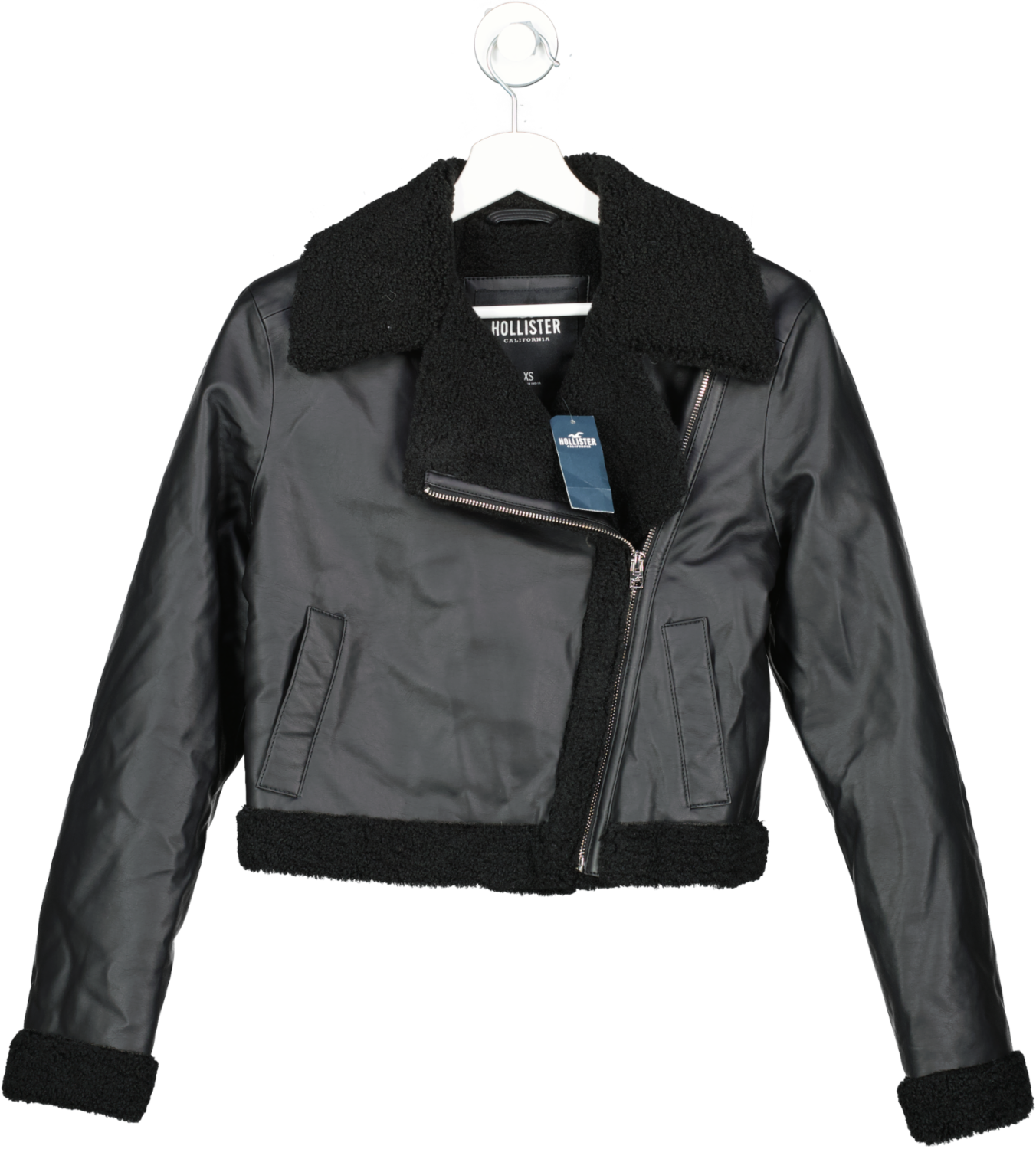 Hollister Black Crop Sherpa-lined Faux Leather Biker Jacket BNWT  UK XS