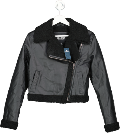 Hollister Black Crop Sherpa-lined Faux Leather Biker Jacket BNWT  UK XS