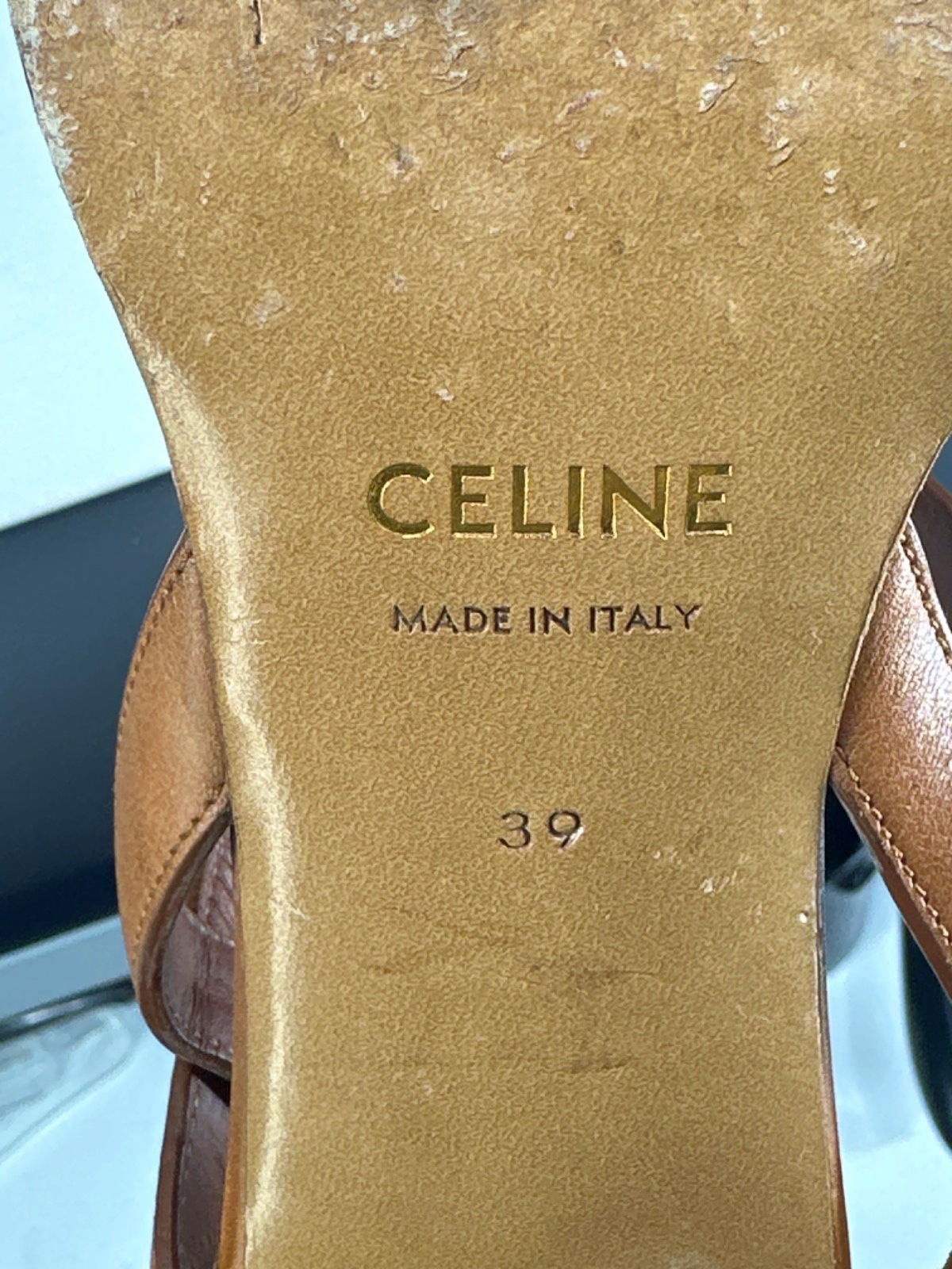 Celine Tan Leather Triomphe Logo Horsebit Block heel Sandals UK 6 EU 39