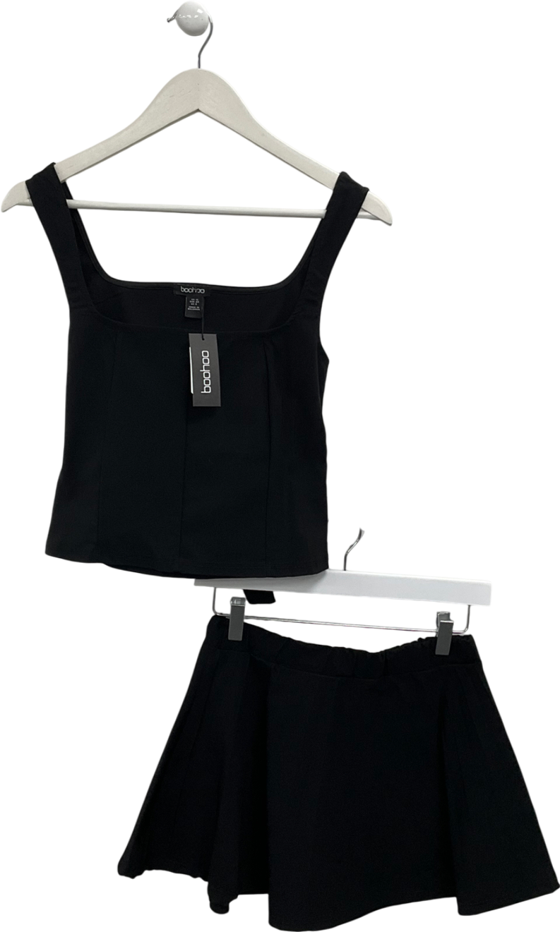 boohoo Black Square Longline Top And Pleated Mini Skirt UK 12