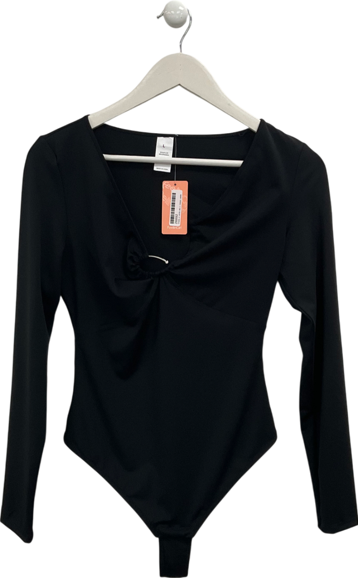 FeelinGirl Black Deep V Neck U Ring Bodysuit UK L