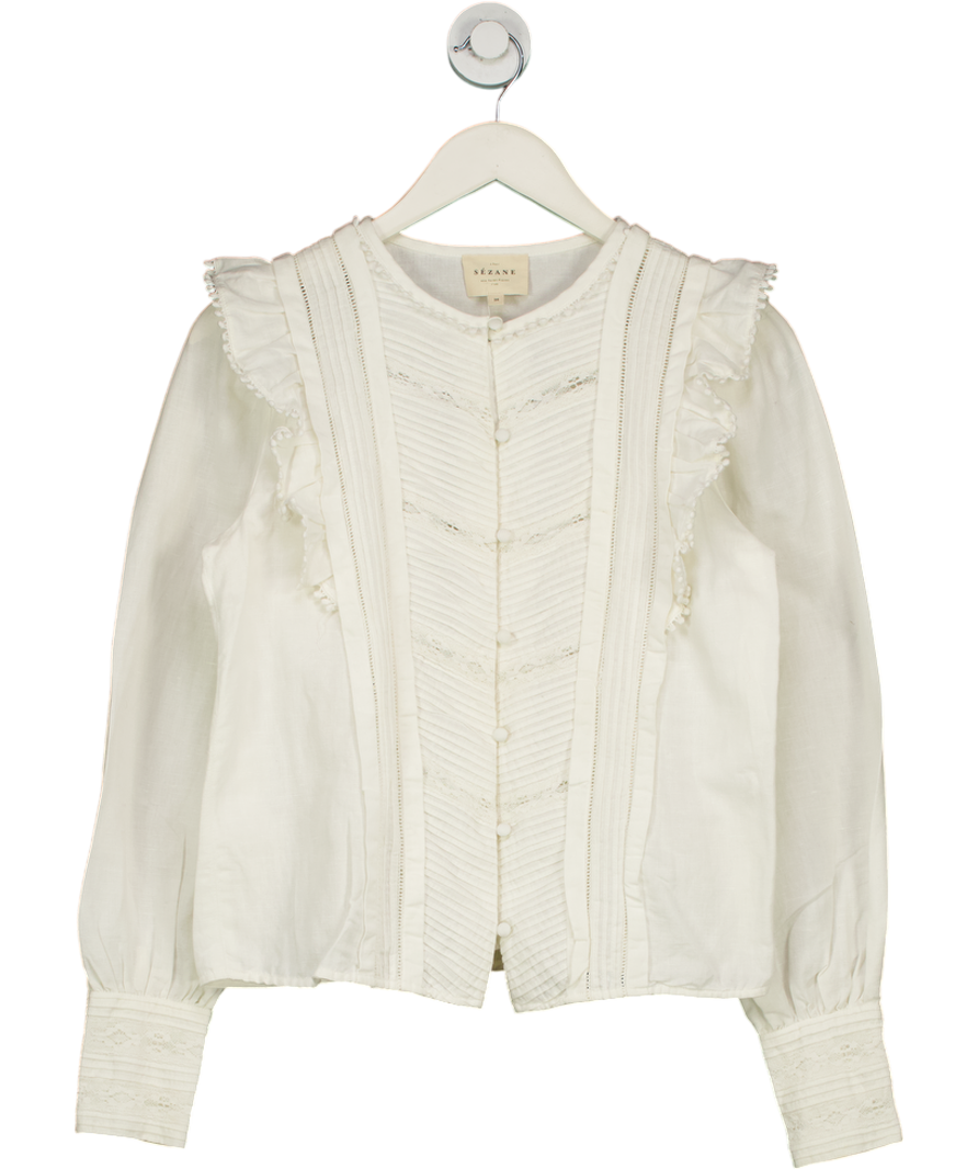 Sezane Cream Pleated Frill Detail Blouse UK 8