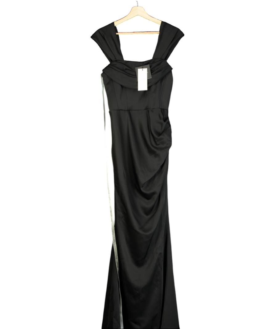 CLUBL Black Bardot Fishtail Satin Maxi Dress UK 10