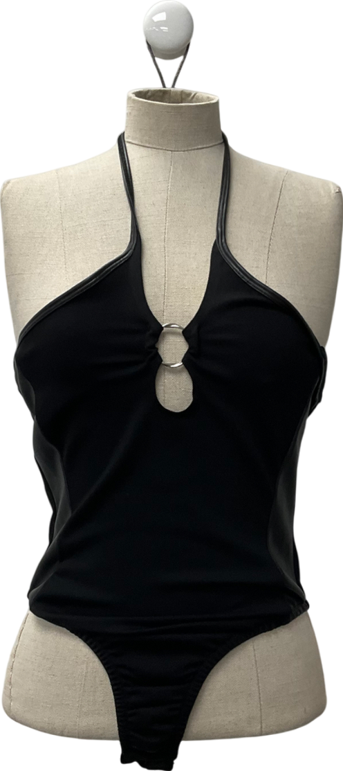 Black Halter Neck Ring Detailed Bodysuit UK 10
