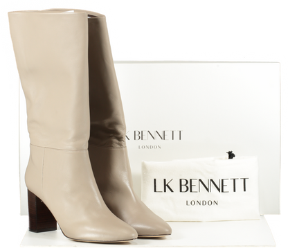 LK Bennett Beige Taupe Brogan Knee-high Leather Heeled Boots UK 8 EU 41 👠