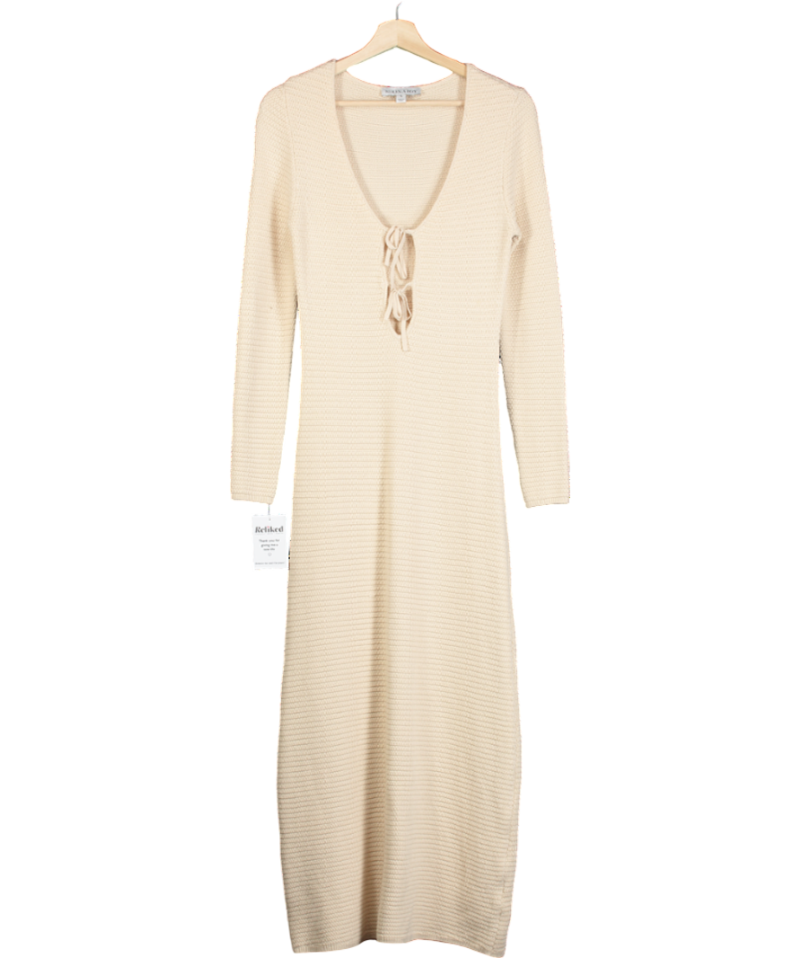 Shona Joy Nude Knit Maxi Dress Low Cut Tie Front UK S