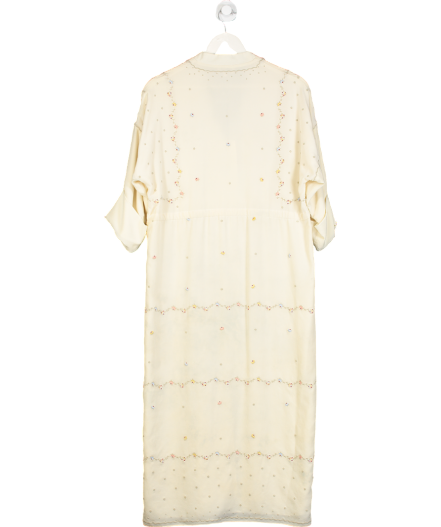 Beulah London Cream Floral Embroidered Silk Button Down Dress UK S