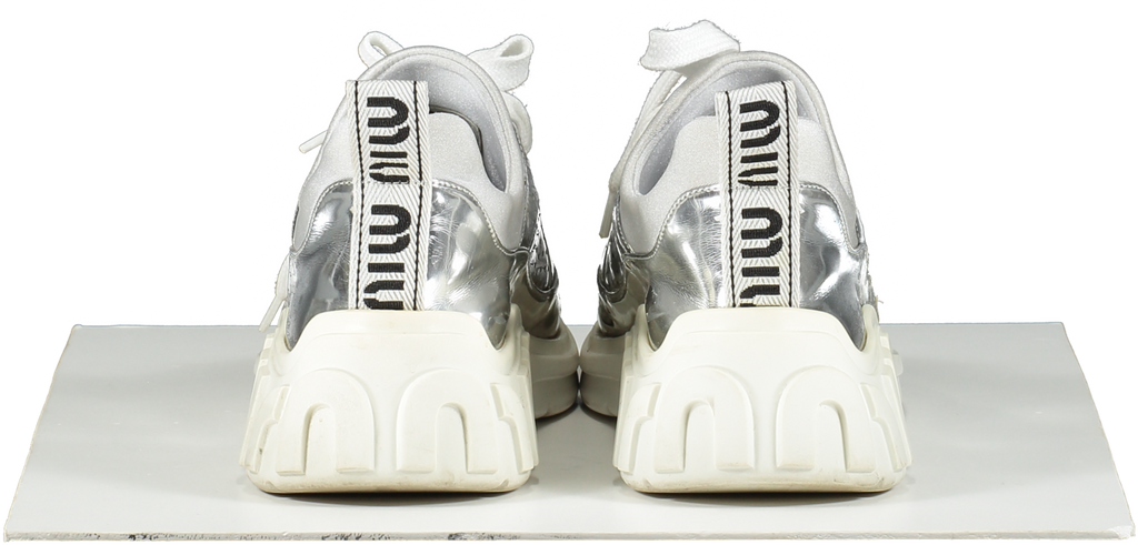 Miu Miu Metallic Silver Logo Heel Run Metal Tech Trainers UK 6 EU 39 👠