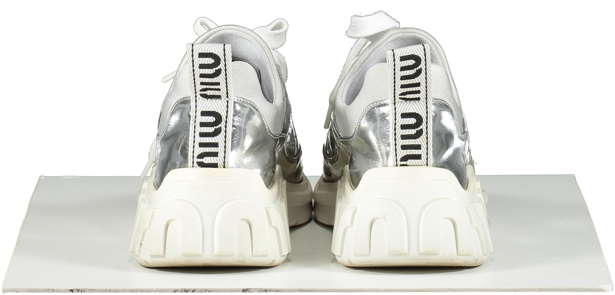 Miu Miu Metallic Silver Logo Heel Run Metal Tech Trainers UK 6 EU 39 👠
