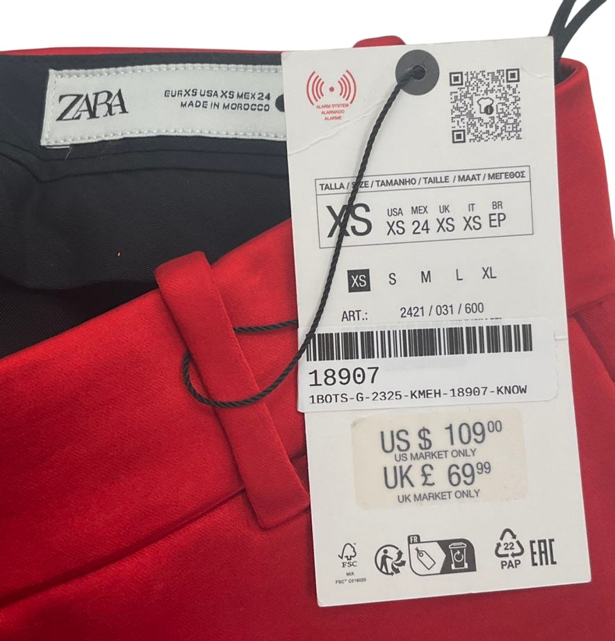 ZARA Premium Red Satin straight leg Trousers UK XS