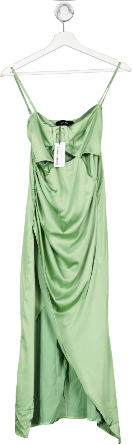 Cider Green Satin Ruched Cut Out Slit Midi Dress UK S