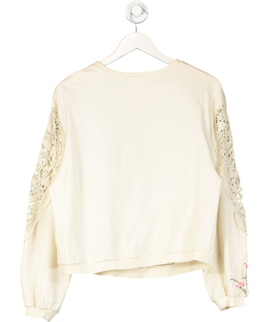 by Anthropologie Cream Oversize Floral Embroidered Lace Panel Sleeve Top UK S