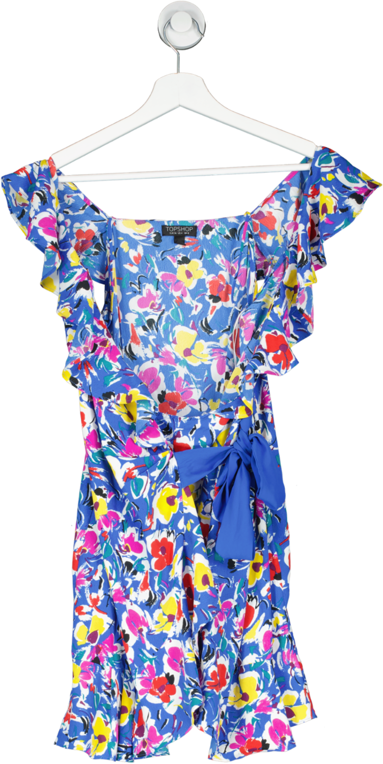 Topshop Blue Floral Print Cold Shoulder Wrap Dress UK 8