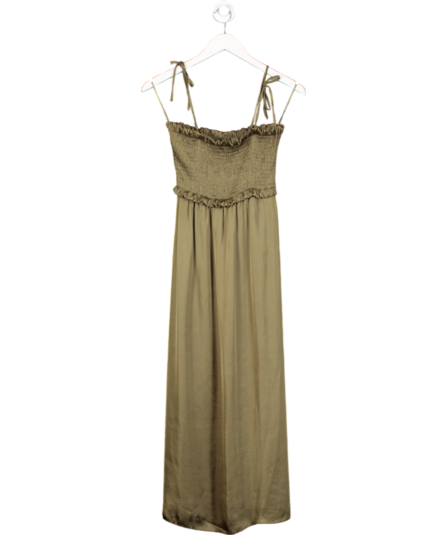 River Island Olive Green Satin Shirred Midi Dress UK 6